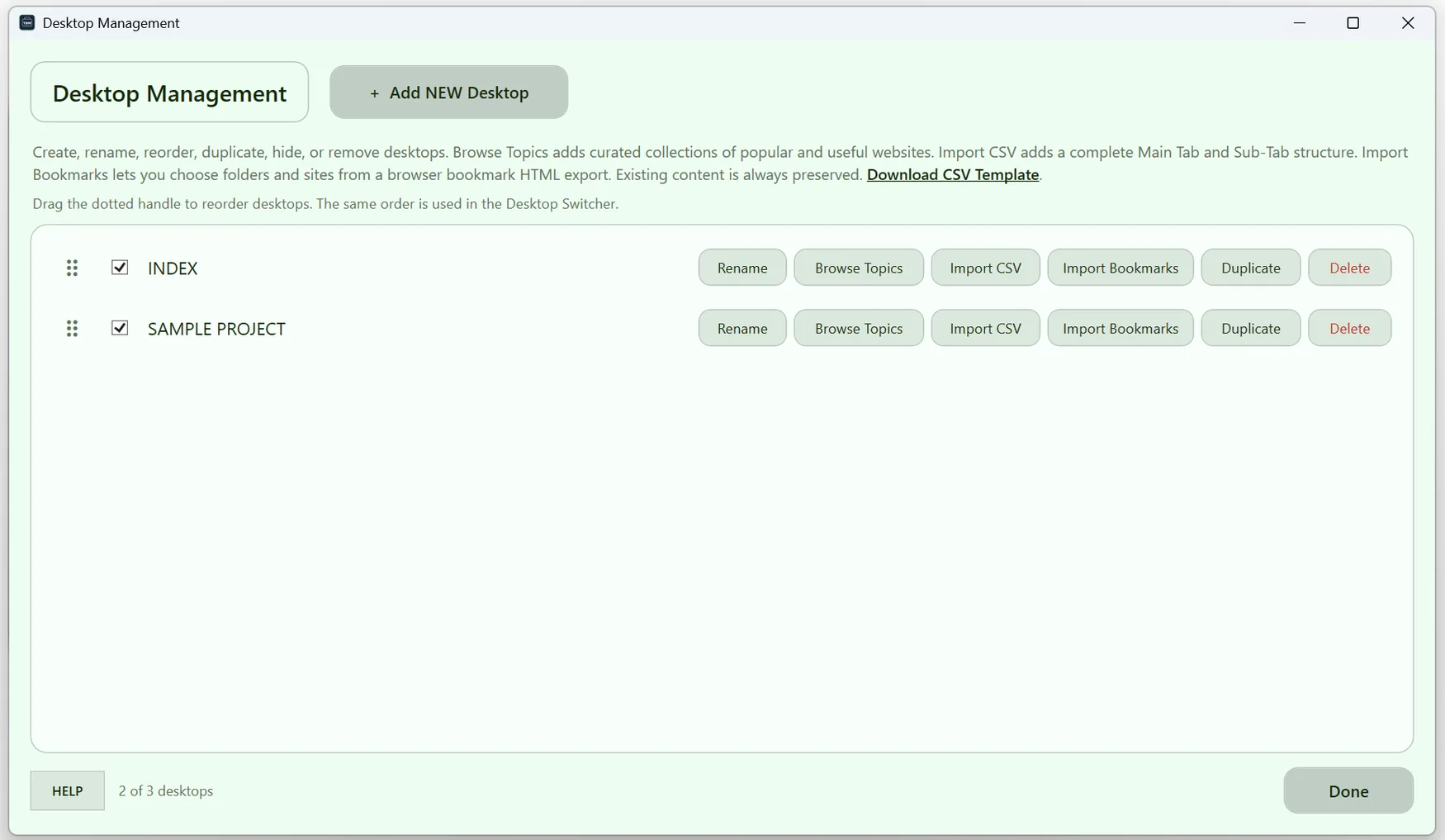 ToolBoxManager V16 screen related to Manage Desktops: reorder, delete, duplicate, and rename
